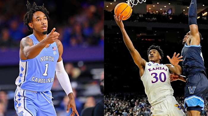North Carolina's Leaky Black (left) and Kansas's Ochai Agbaji (right)
